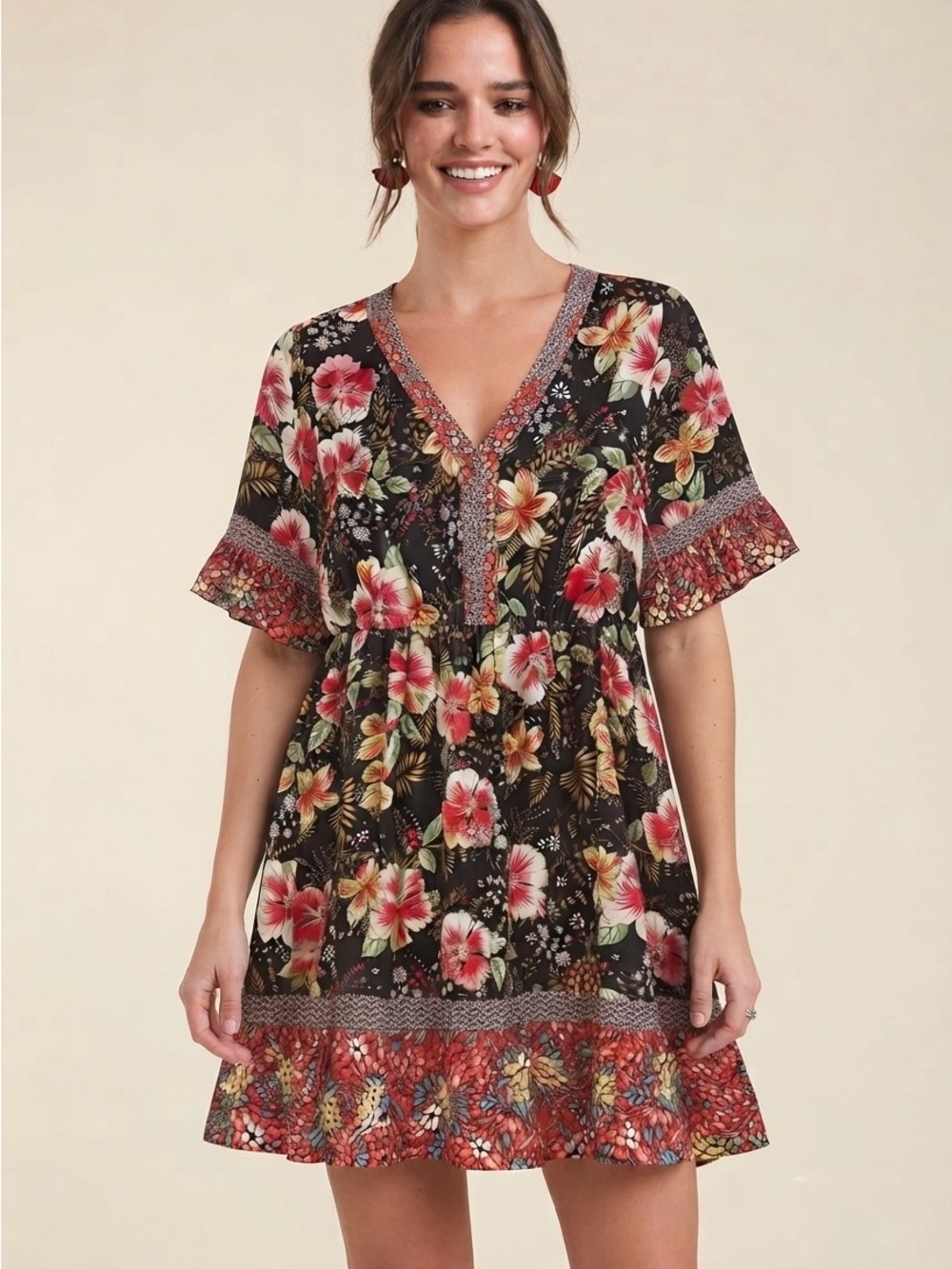 Umgee Black Floral Mixed Print Ruffle Hem Dress Size Large NWT